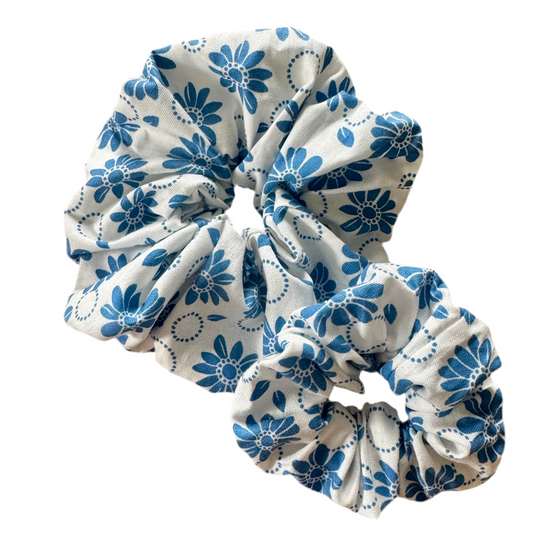 White with Blue flowers scrunchie