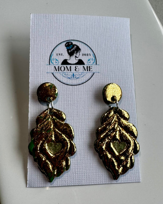 Golden Feather Dangles Polymer Clay Earrings